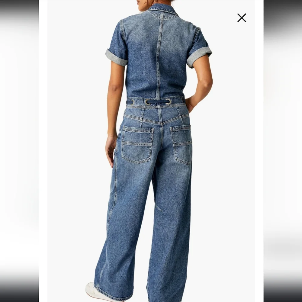 FREE PEOPLE EDISON WIDE LEG COVERALL OVERALL BLUE JEANS SIZE XS‎ - Picture 2 of 11